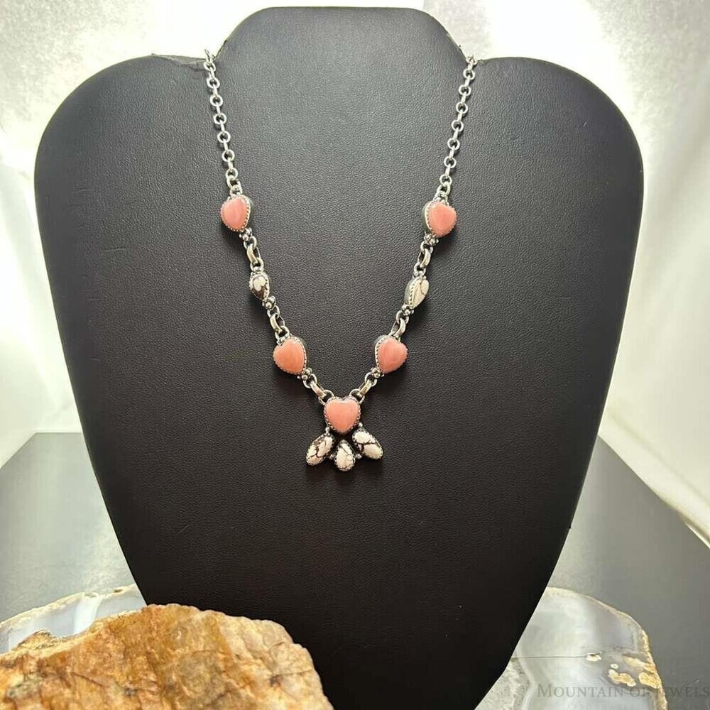 Sterling Silver Southwestern Style Pink Conch & Wild Horse Lariat 22" Necklace